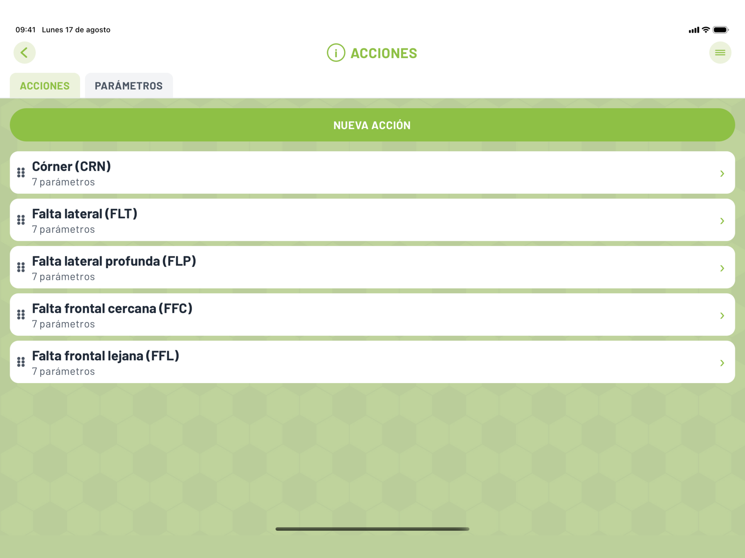 Registro de acciones y resultados del partido